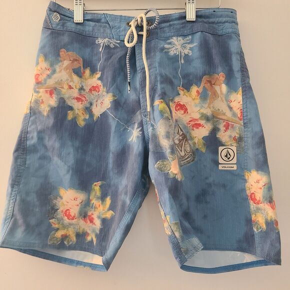Volcom Slingers Boardshorts 9" Tiki Surfing Theme Stretch sz 28 Shorts Y2k - Picture 1 of 4
